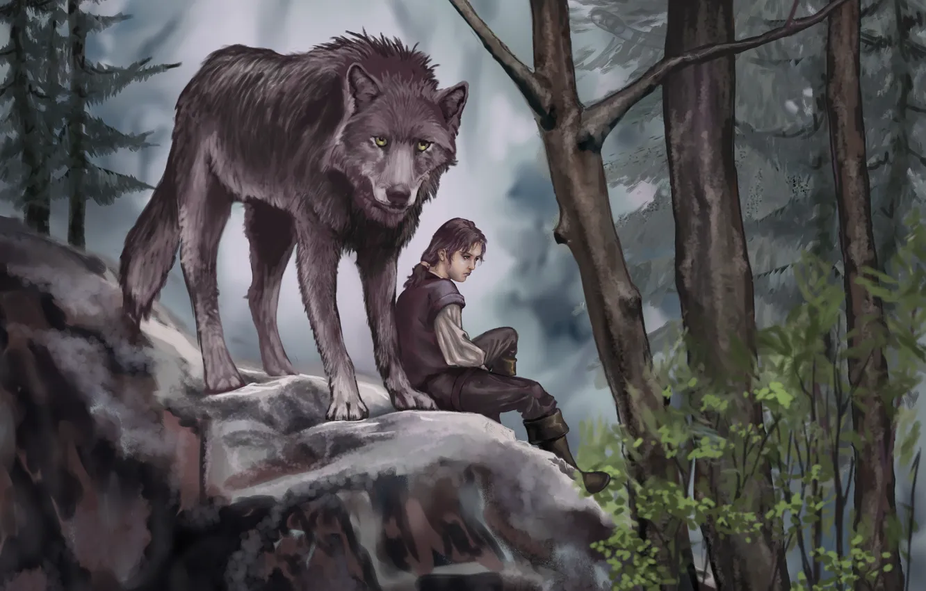 Photo wallpaper forest, leaves, trees, animal, wolf, predator, art, painting