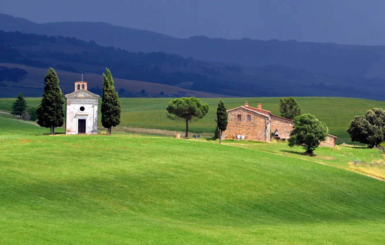 Photo wallpaper field, grass, house, hills, Italy, Tuscany, The chapel of our Lady of Vitaleta