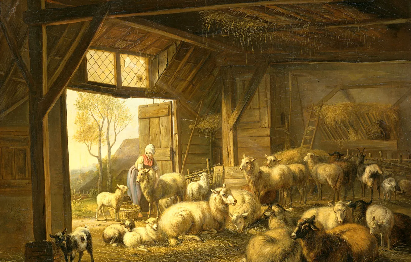 Photo wallpaper animal, oil, picture, canvas, Jan van Ravenswaay, Sheep and Goats in the Barn