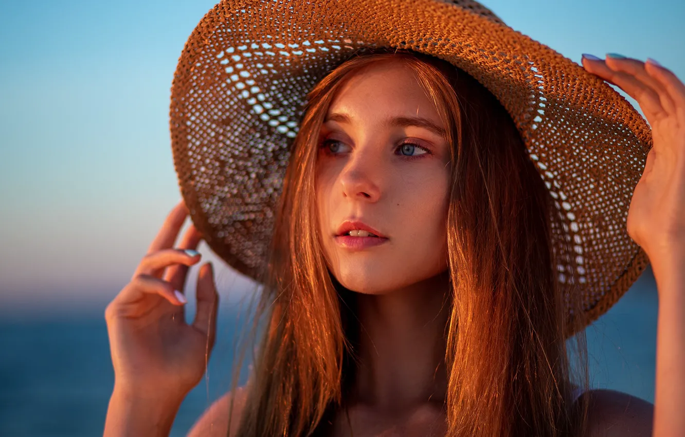 Photo wallpaper look, girl, sunset, portrait, hat, red, Janusz Żołnierczyk