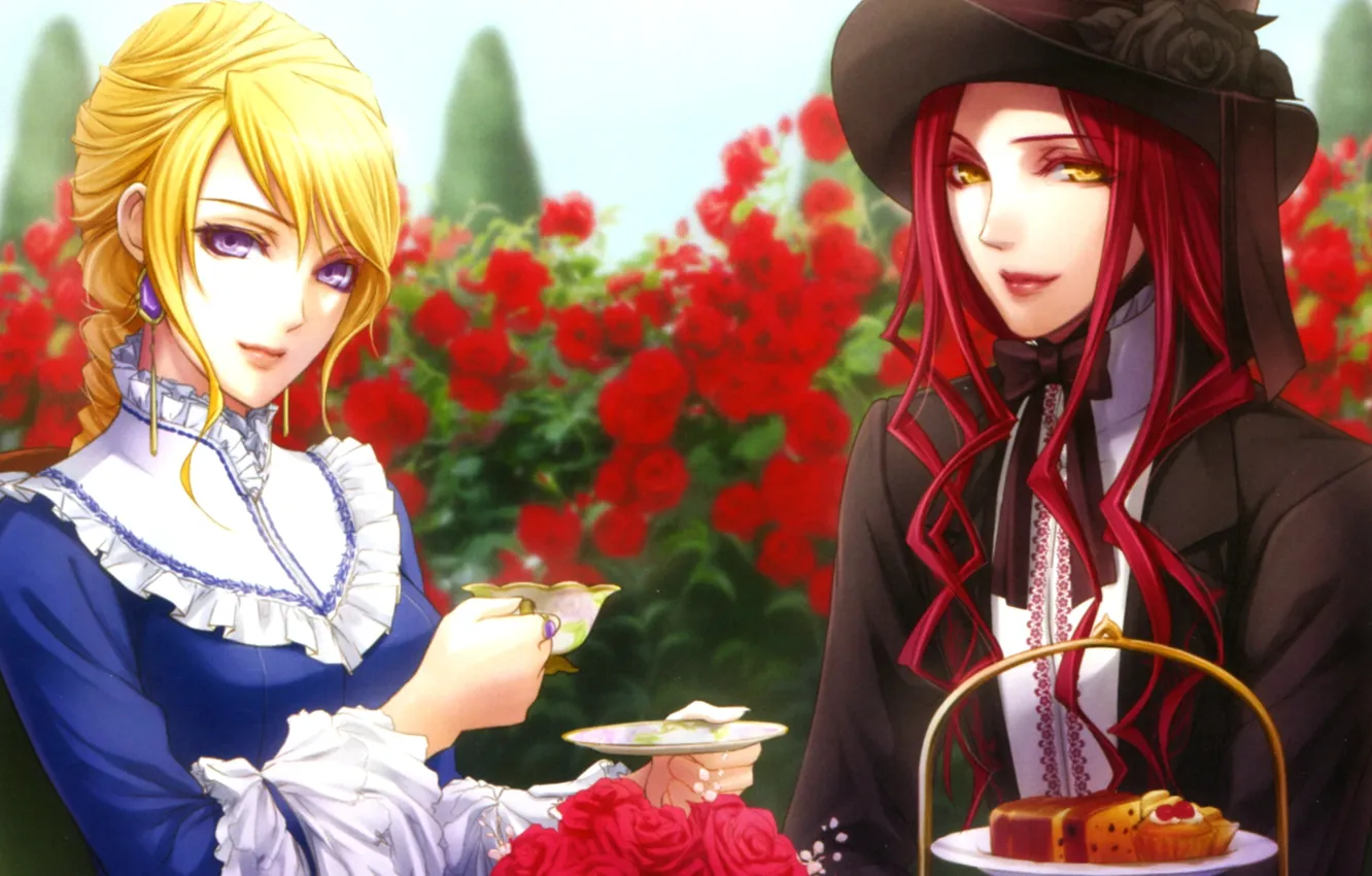 Photo wallpaper the tea party, red hair, black hat, rose garden, will o`wisp, gyl, the guy with …