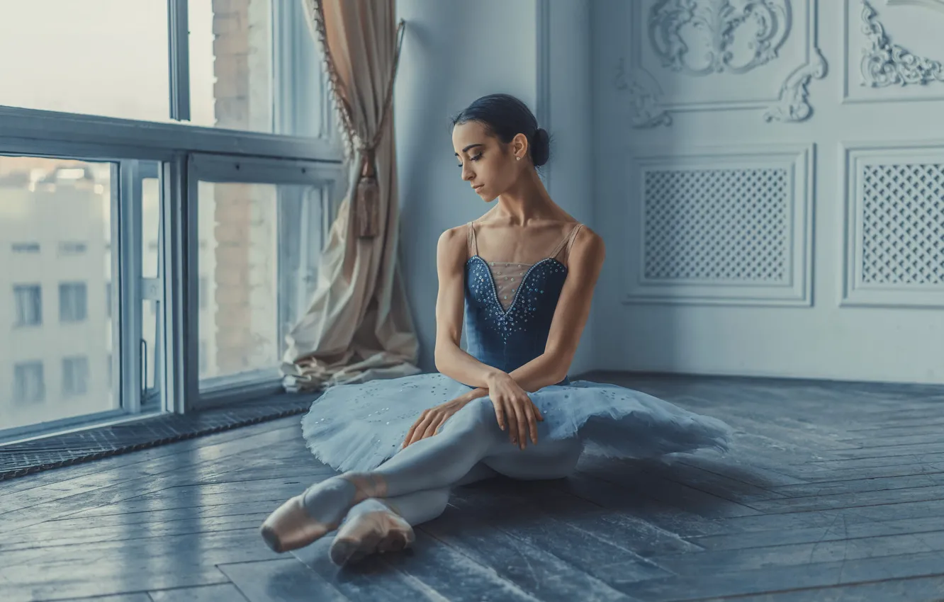 Photo wallpaper girl, pose, room, dress, window, ballerina, sitting, ballet