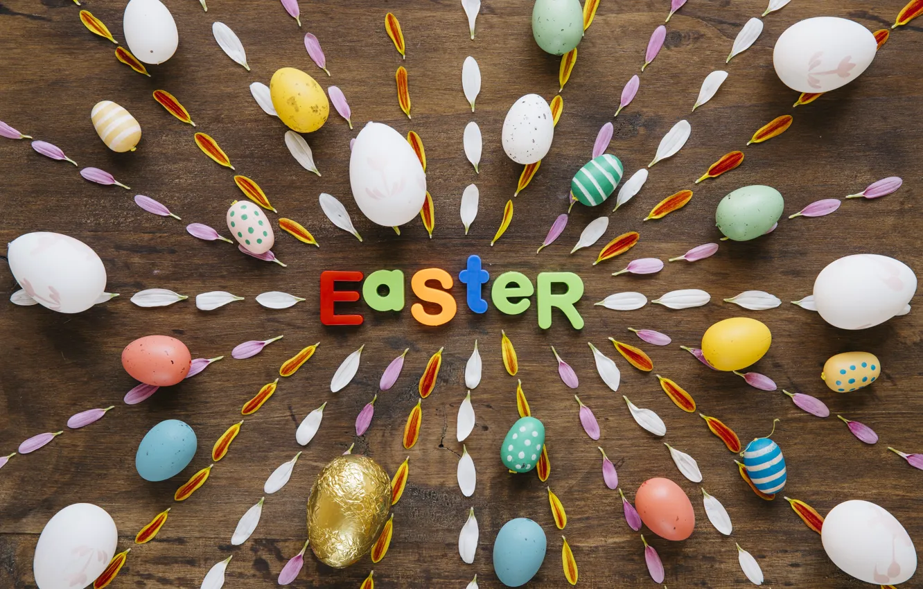 Photo wallpaper Easter, Eggs, Petals, Letters, Holiday