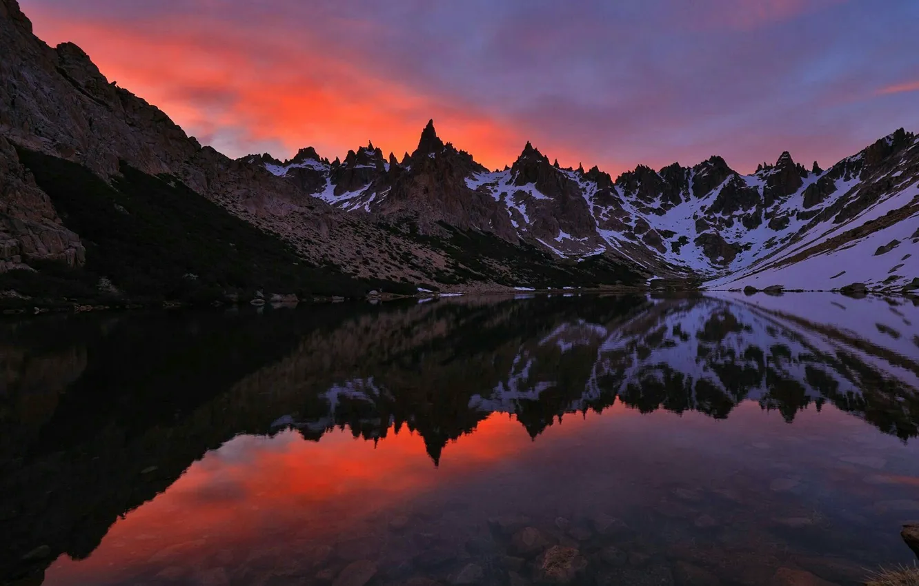 Photo wallpaper the sky, snow, sunset, mountains, nature, lake, rocks