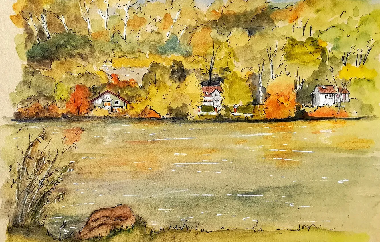 Photo wallpaper autumn, trees, landscape, river, figure, home, watercolor