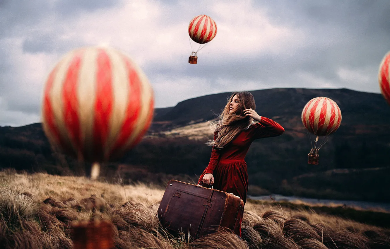 Photo wallpaper girl, balloons, art, suitcase, Rosie Hardy, Mind Traveller
