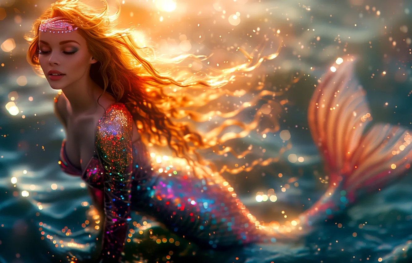 Photo wallpaper girl, dawn, hair, mermaid, tail, digital art, AI art, The Art of Artificial Intelligence