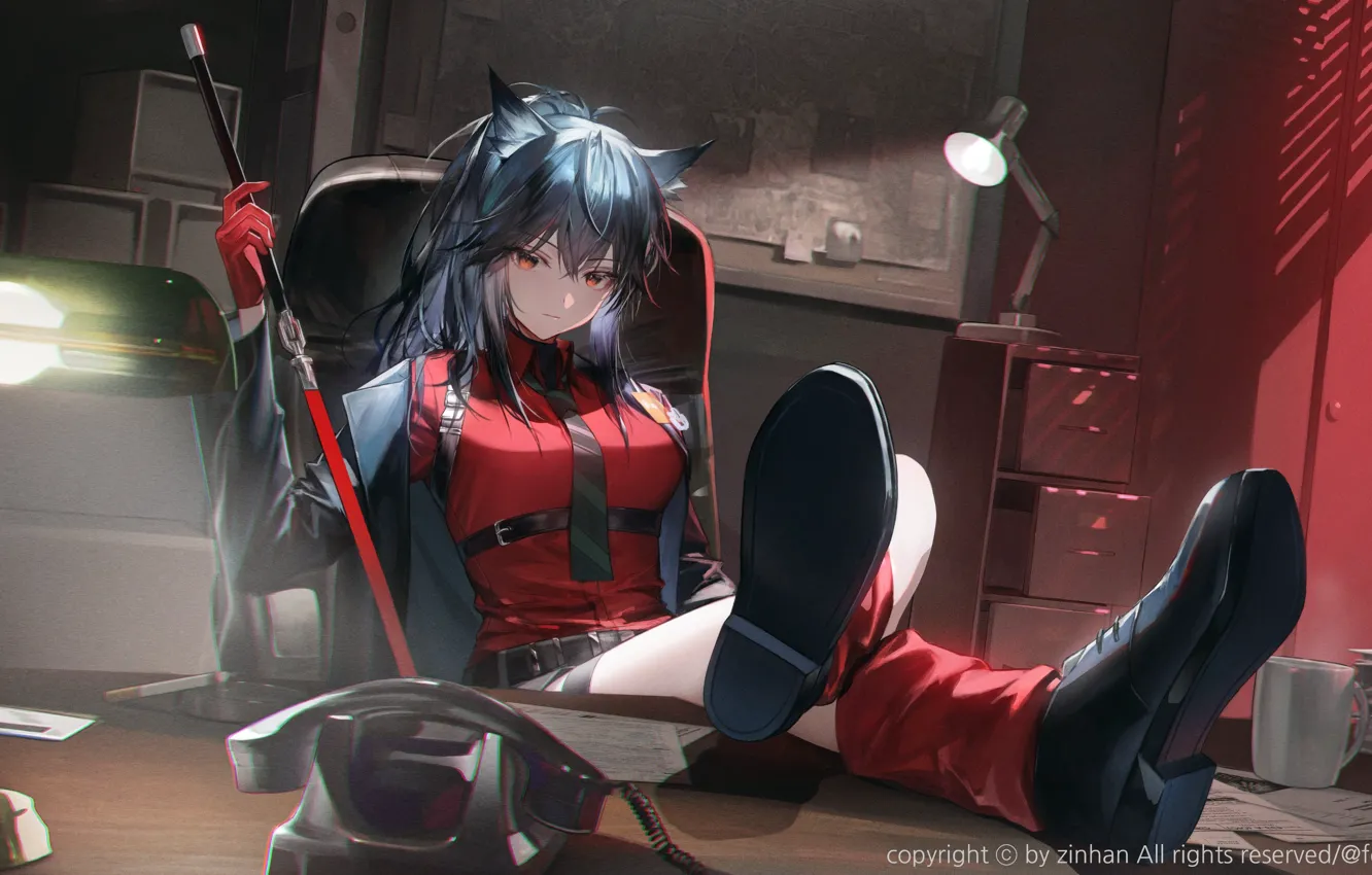 Photo wallpaper weapons, table, I threw my legs up, ears, girl, phone, Arknights, Texas