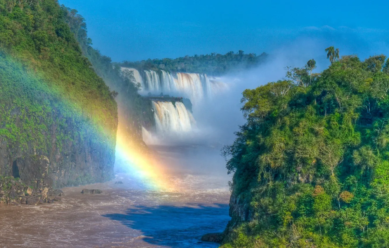 Photo wallpaper mountains, waterfall, rainbow, jungle