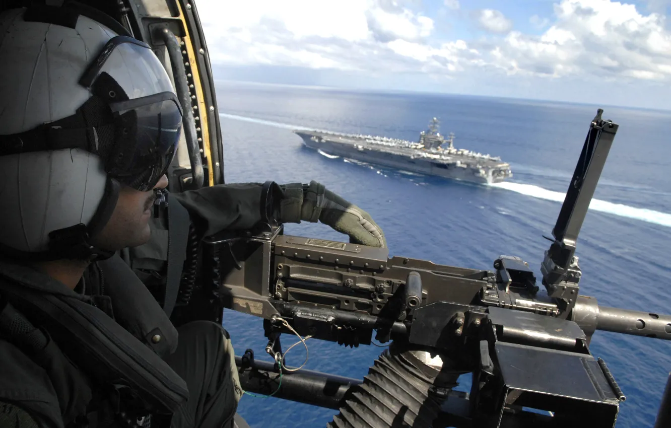 Photo wallpaper sea, the sky, ship, machine gun, military