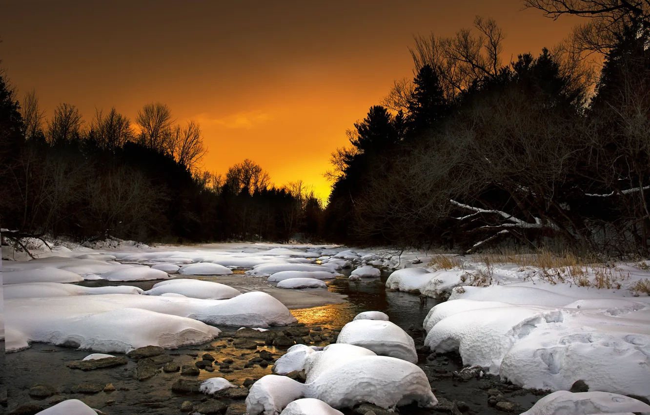 Photo wallpaper winter, landscape, sunset, nature, river