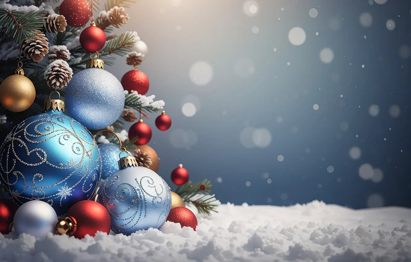 Photo wallpaper winter, snow, decoration, balls, tree, new year, Christmas, Christmas