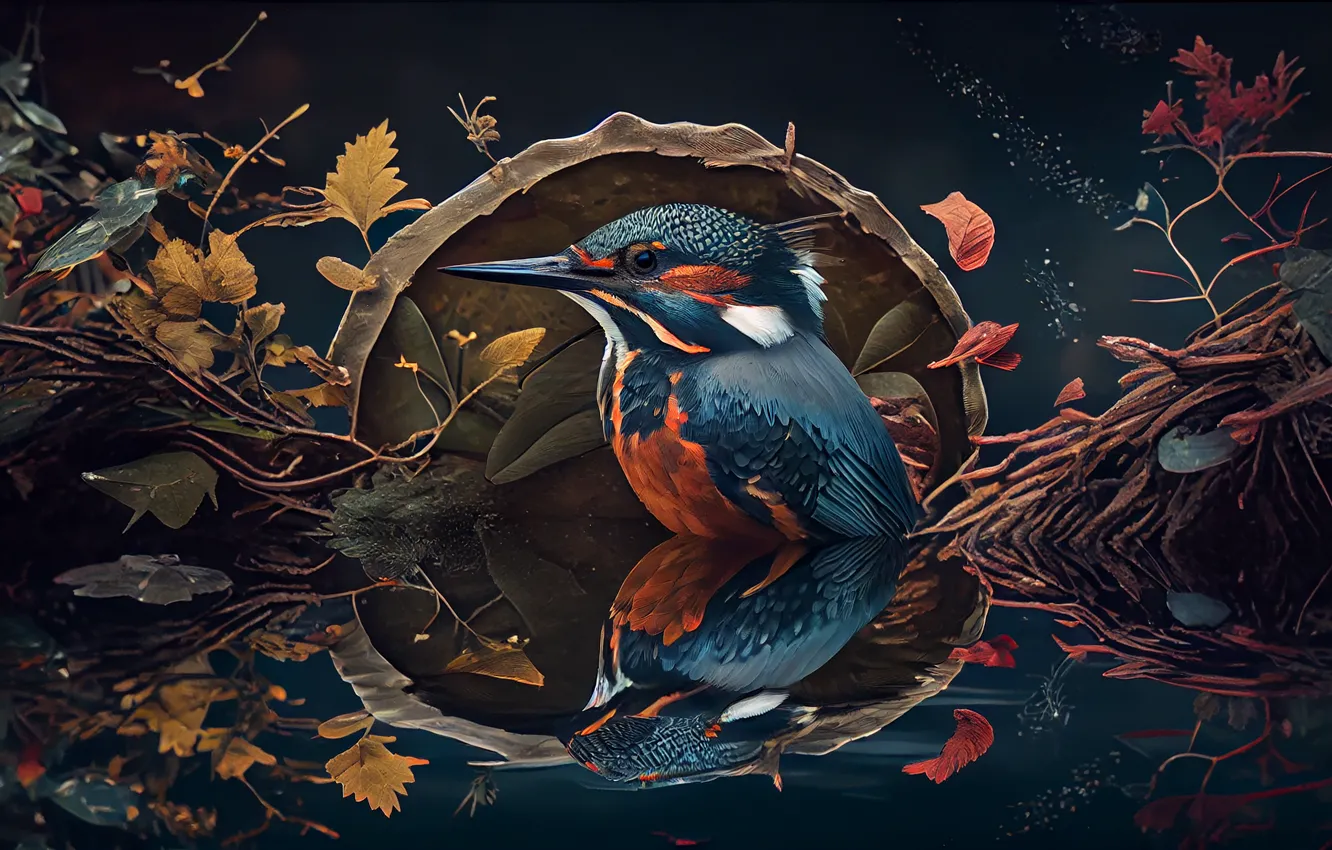 Photo wallpaper leaves, branches, bird, Kingfisher, digital art, AI art, The Art of Artificial Intelligence, neural network