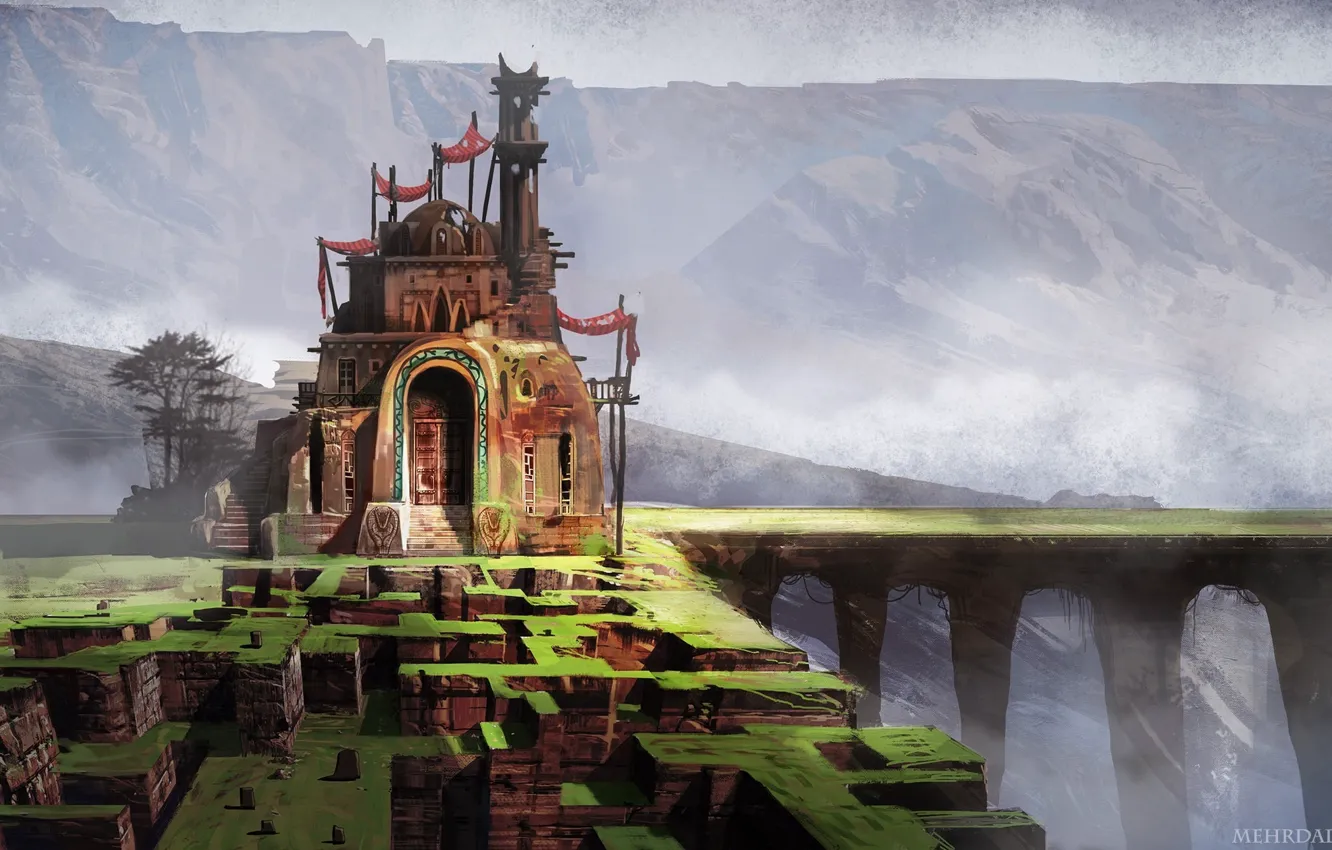 Photo wallpaper mountains, bridge, home, art, maze