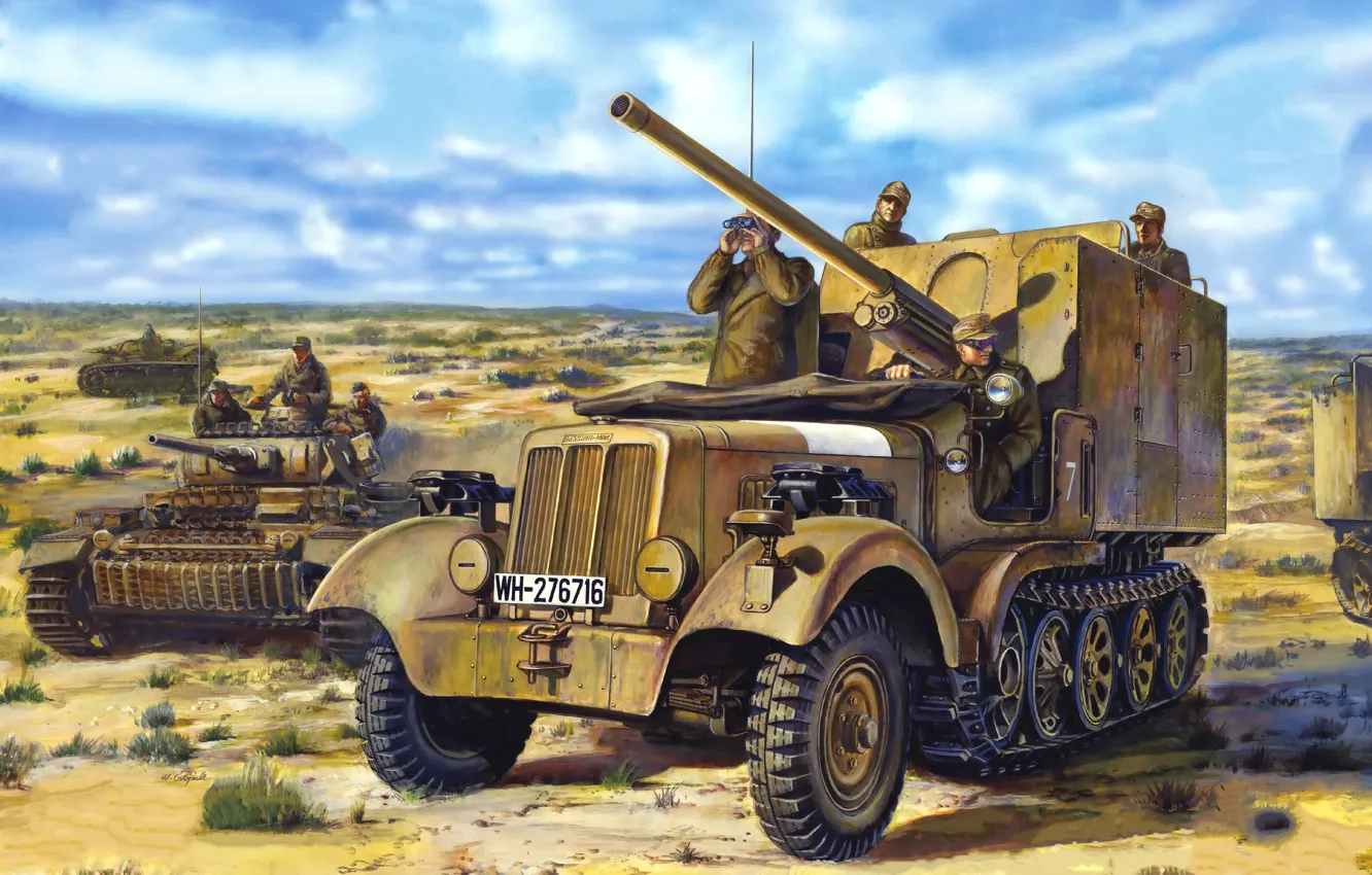 Photo wallpaper figure, art, soldiers, WW2, German, North Africa, tank PzKpfw III (T-III), 62 cm FK 36(r)