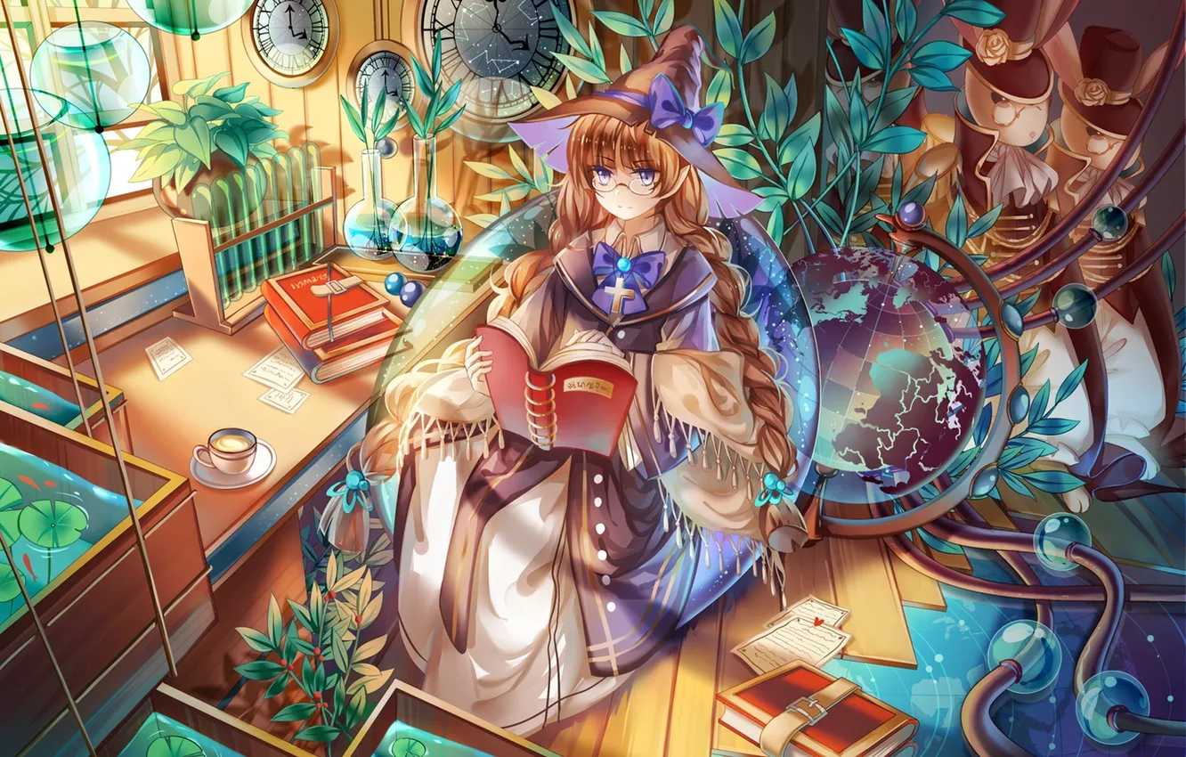 Photo wallpaper girl, watch, books, plants, hat, anime, art, glasses