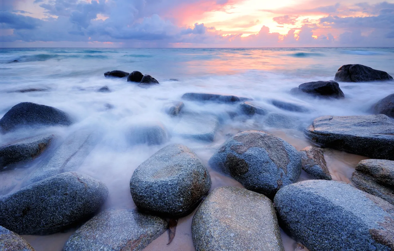 Photo wallpaper sea, clouds, stones, the evening, surf