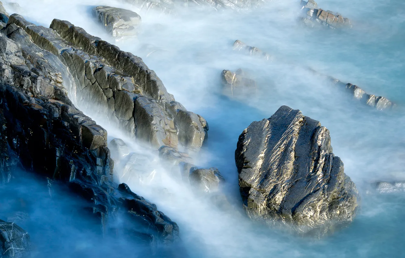 Photo wallpaper sea, wave, squirt, stones, rocks
