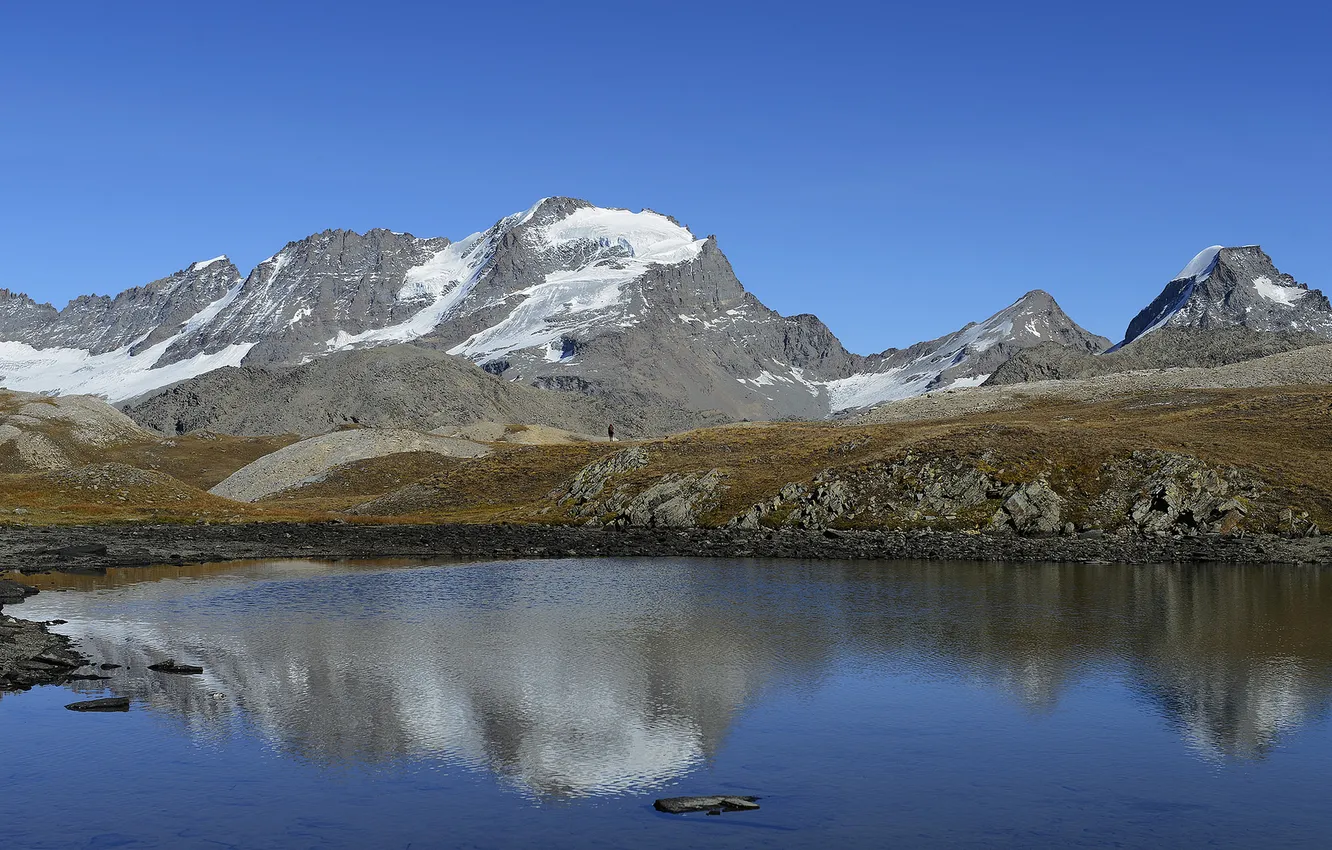 Photo wallpaper the sky, snow, mountains, lake