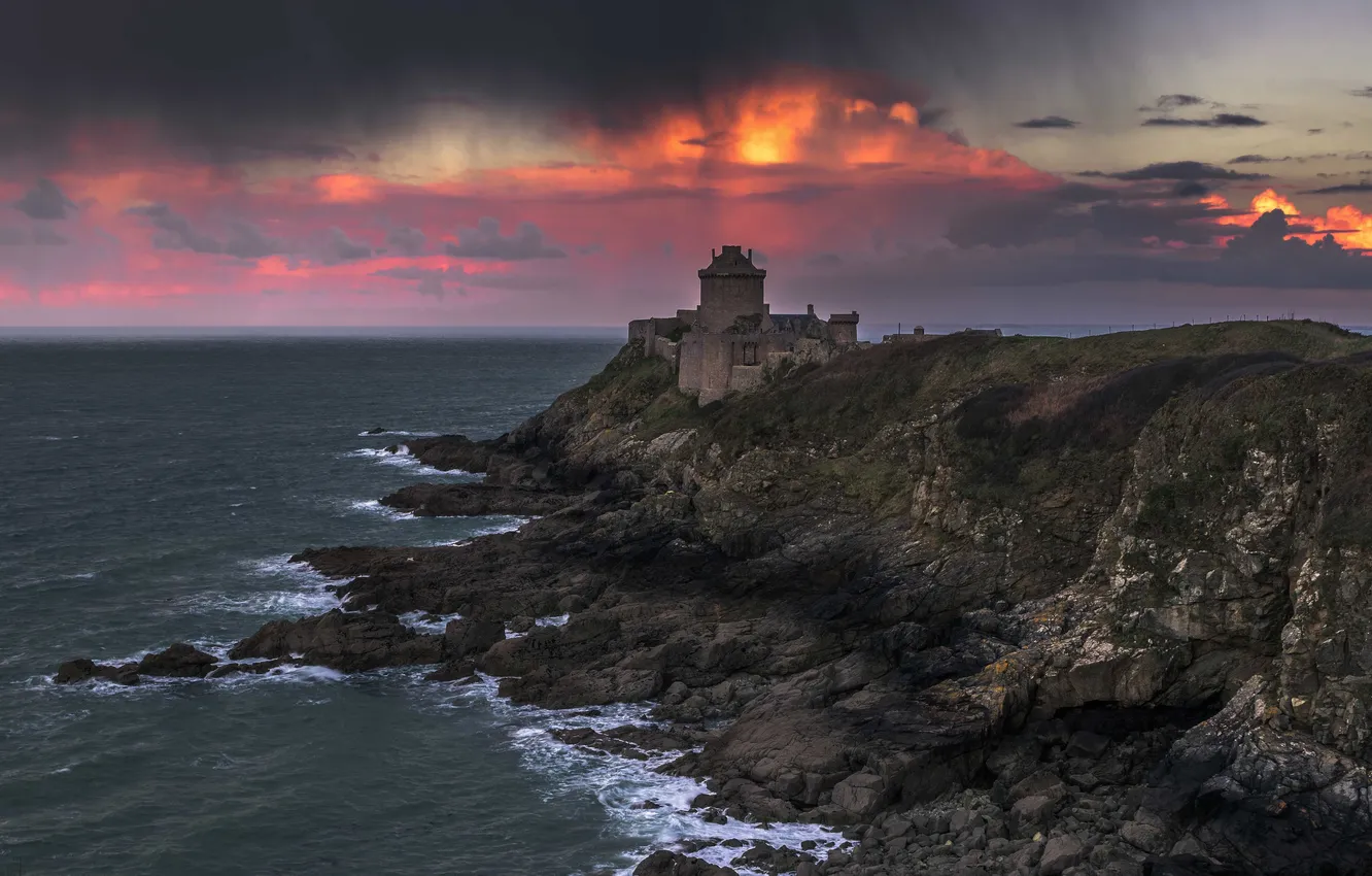 Photo wallpaper sea, wave, the sky, clouds, sunset, castle, rain, ruins