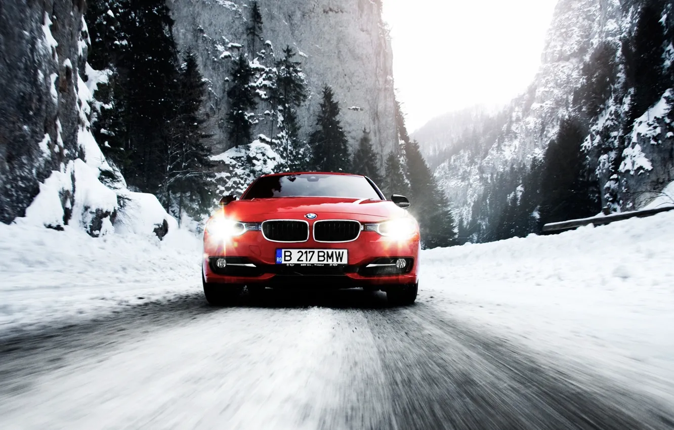 Photo wallpaper winter, road, snow, mountains, speed, BMW