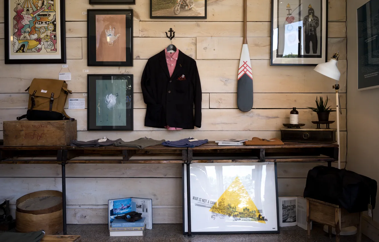 Photo wallpaper Canada, wood, art, table, prints, books, Montreal, clothes