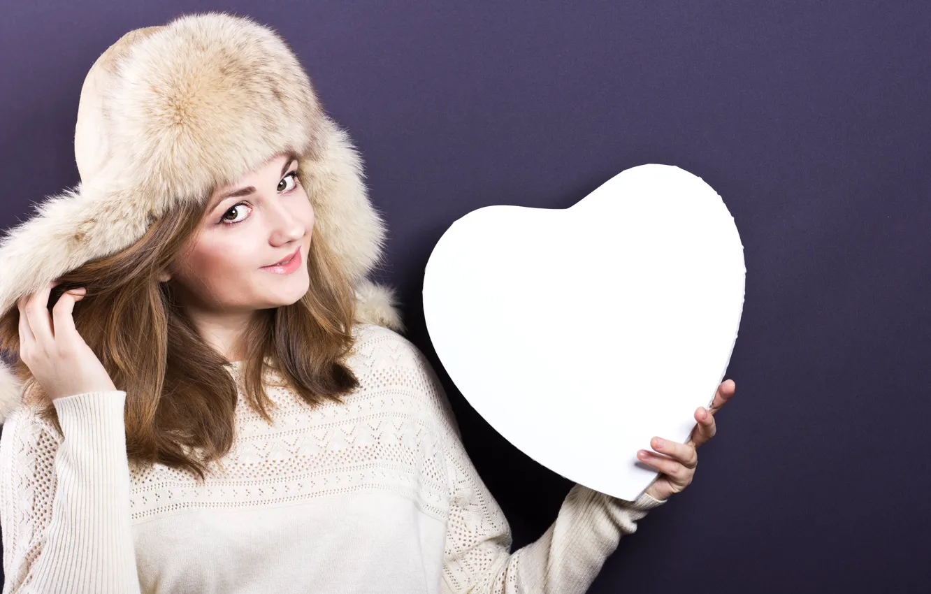 Photo wallpaper look, girl, background, hat, heart, makeup, hairstyle, fur