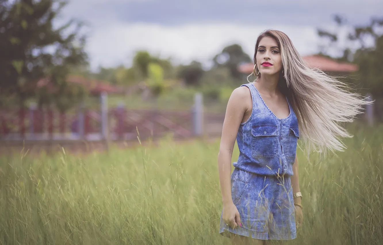 Photo wallpaper field, girl, blonde, in jeans