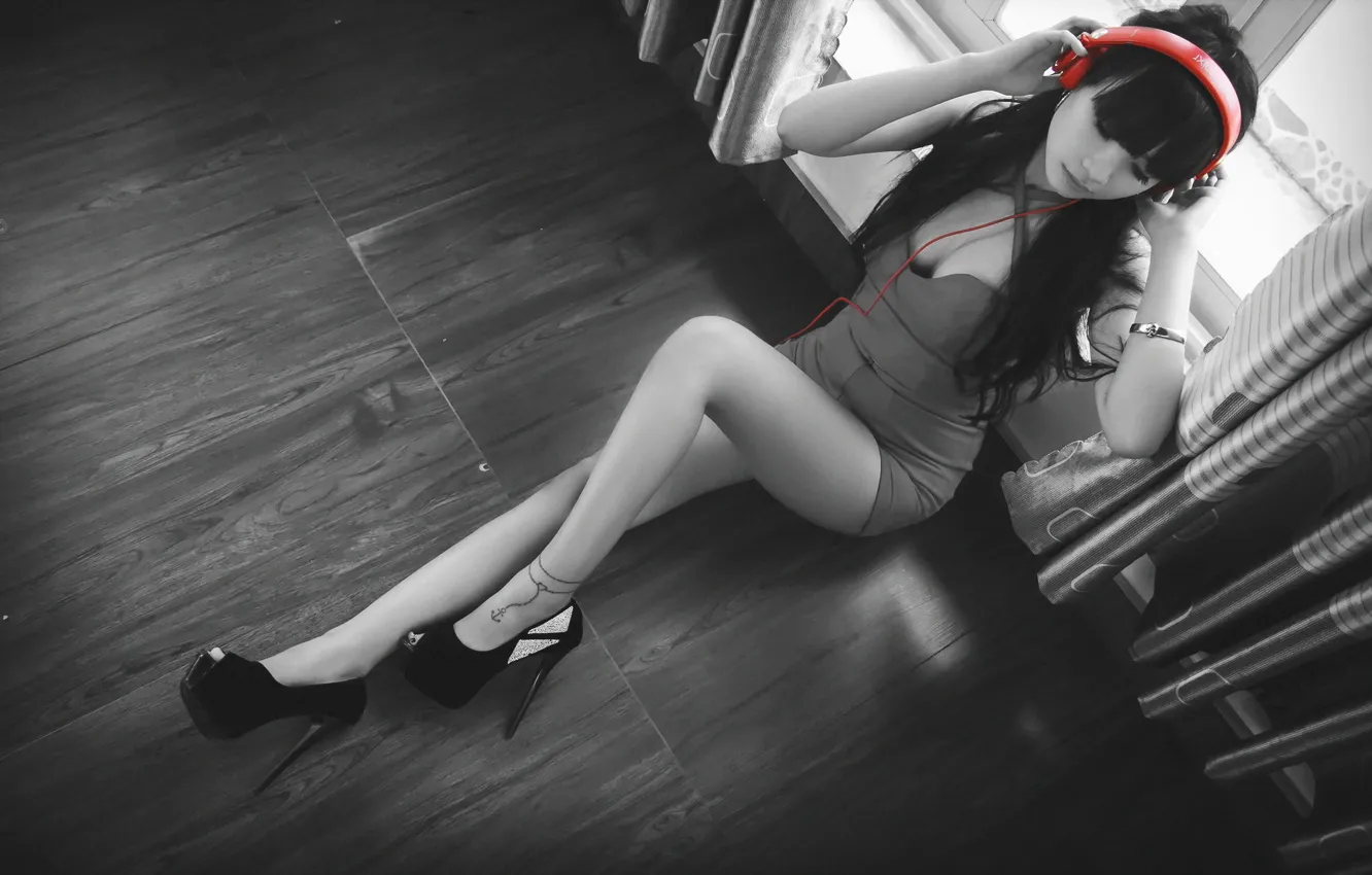 Photo wallpaper girl, music, headphones