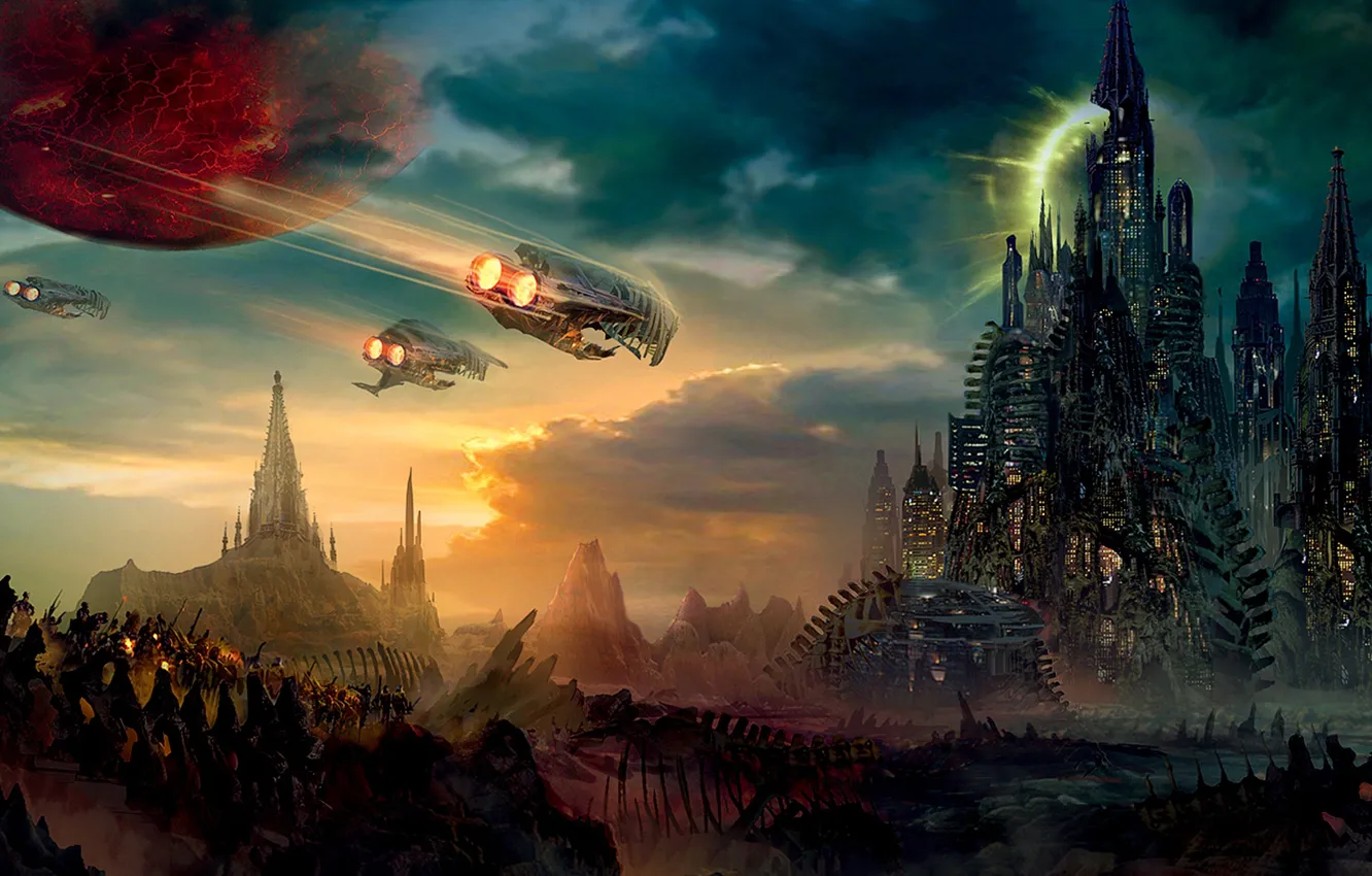 Photo wallpaper the sky, space, the city, ship, planet