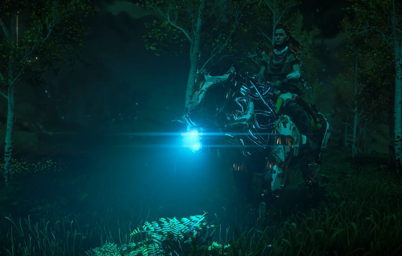 Photo wallpaper the sky, girl, trees, mountains, robot, bow, hunter, horizon