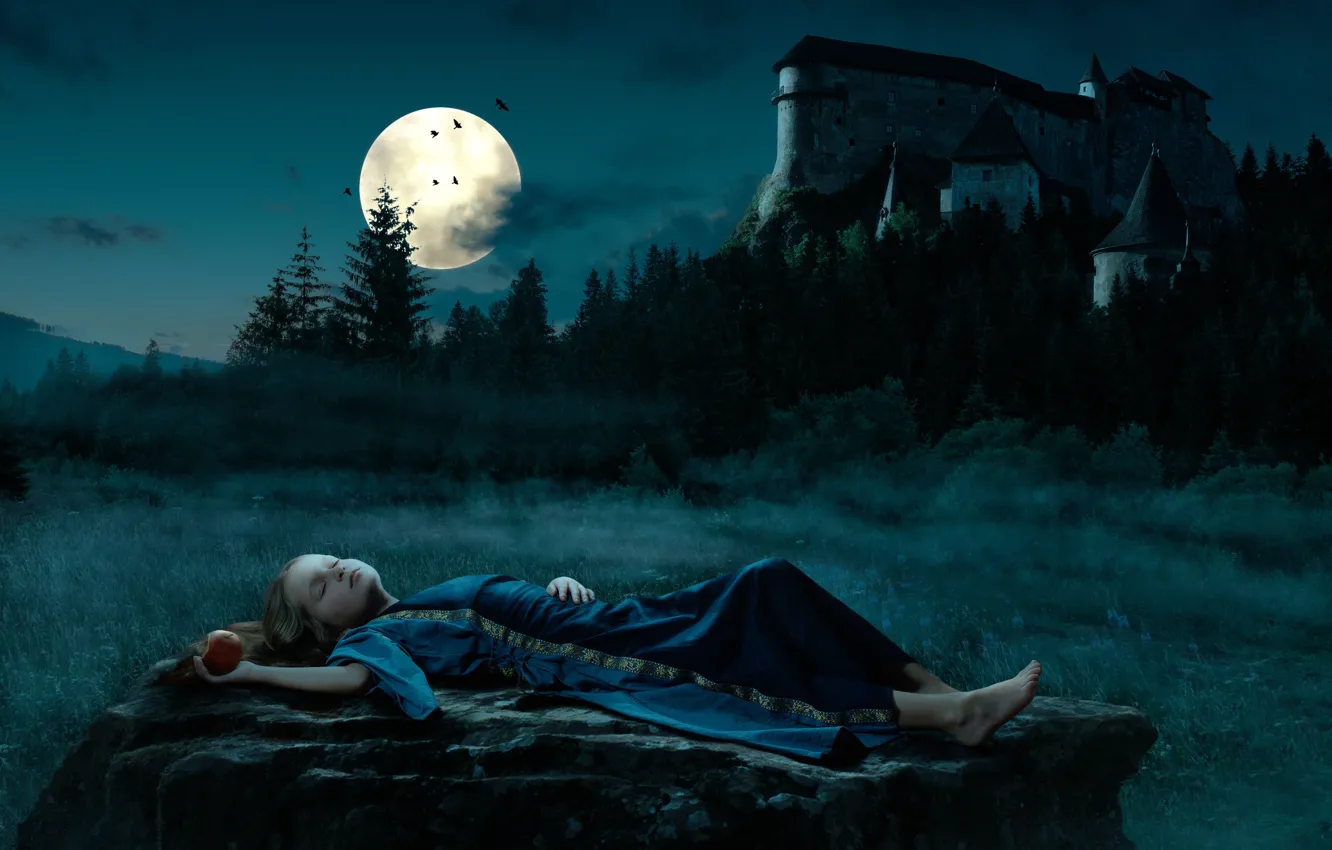 Photo wallpaper night, castle, the moon, Apple, girl, snow white, Snow White, fairy tale
