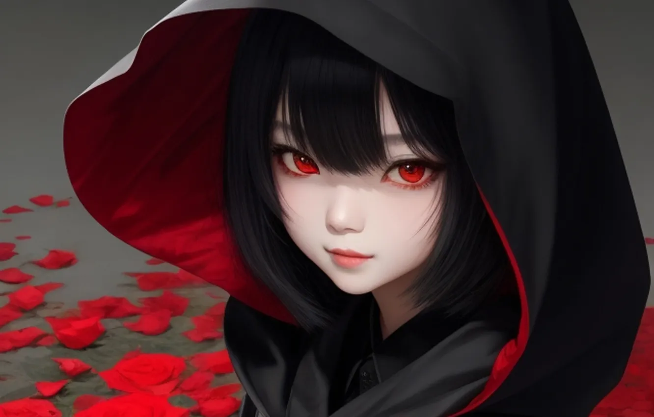 Photo wallpaper look, girl, portrait, roses, art, hood, red eyes, AI art