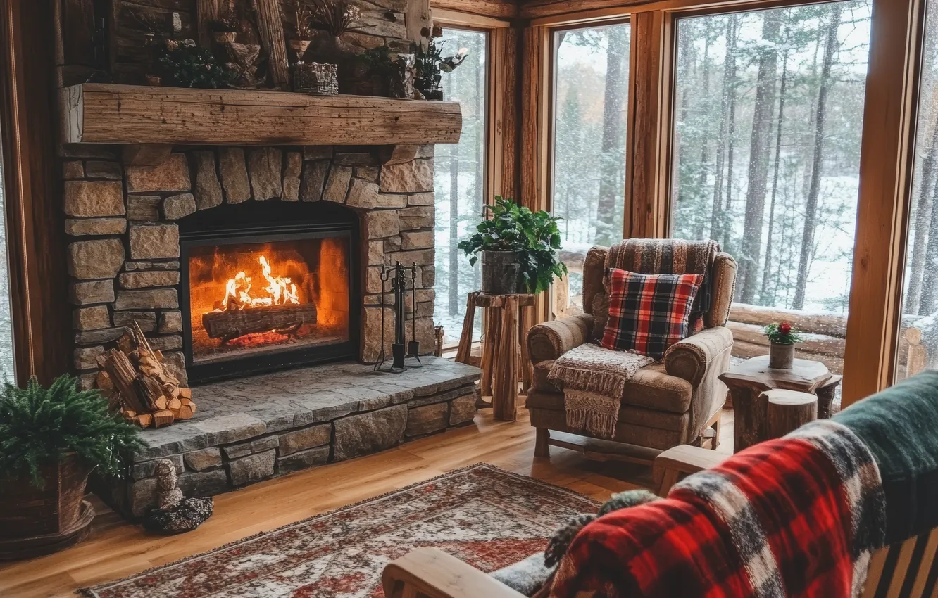 Photo wallpaper winter, snow, lights, comfort, heat, room, sofa, flame