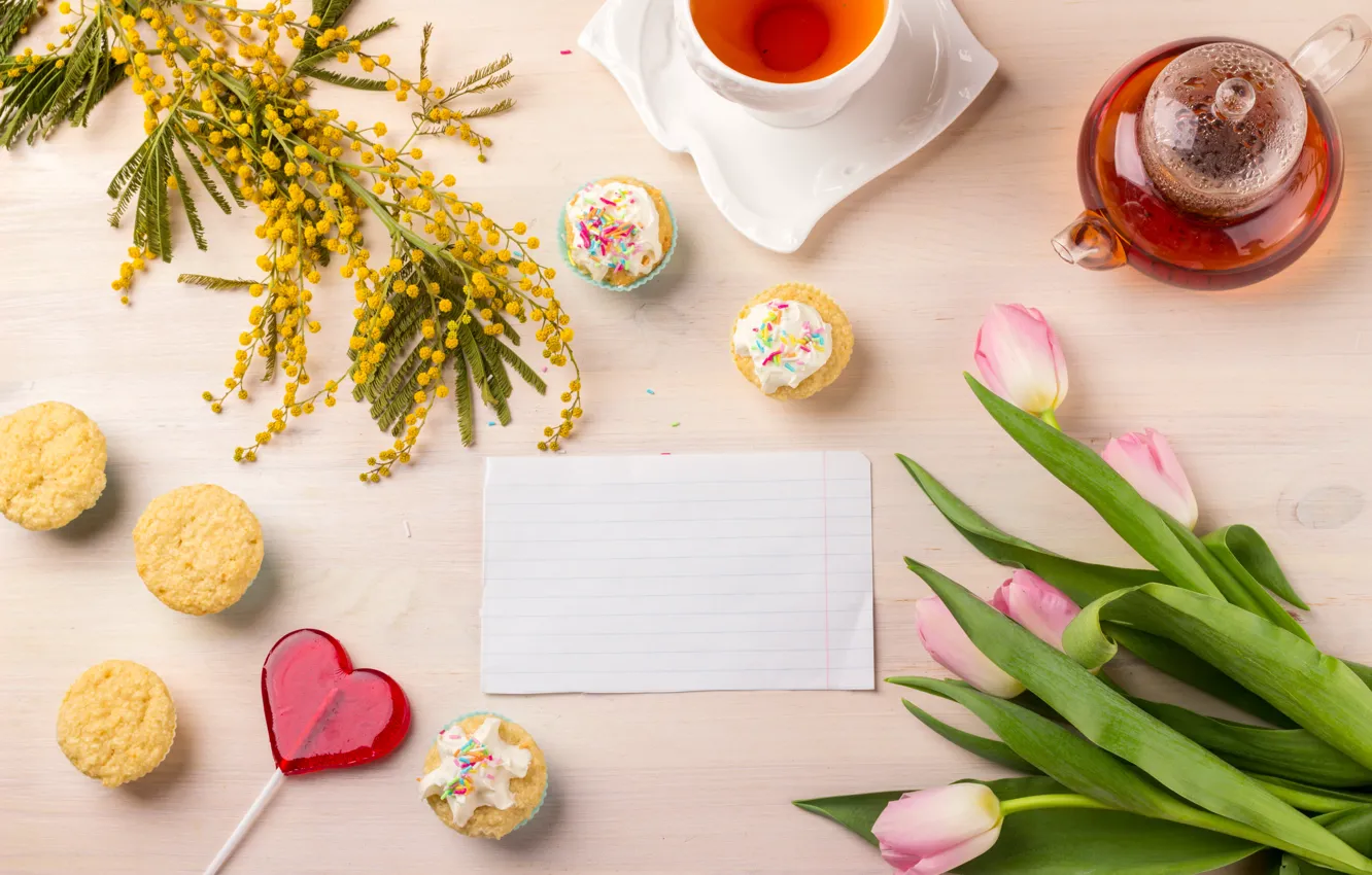 Photo wallpaper flowers, tea, Mimosa, tulips, lollipops, Kosa