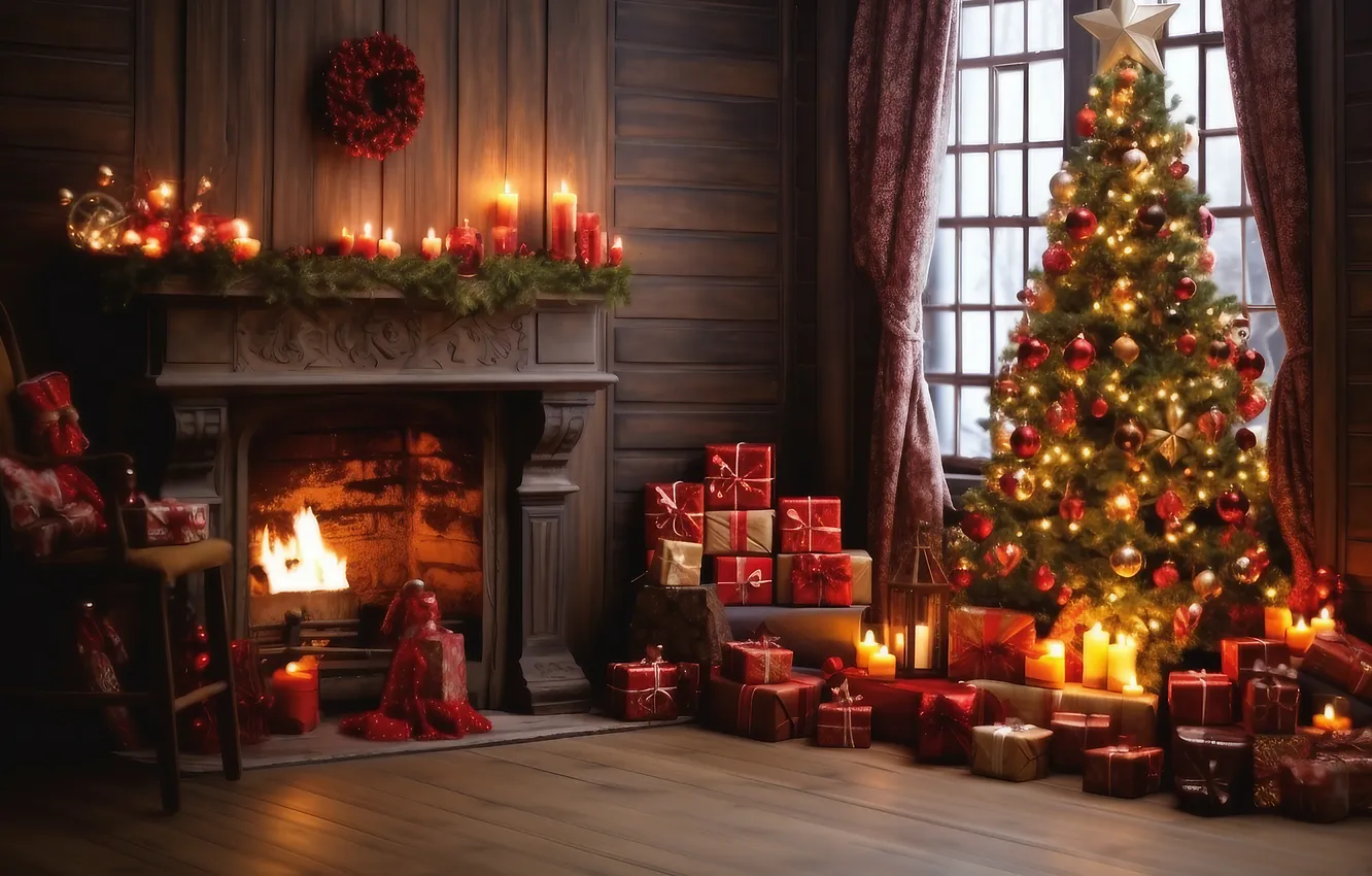 Photo wallpaper room, tree, new year, interior, Christmas, fireplace, Christmas, view