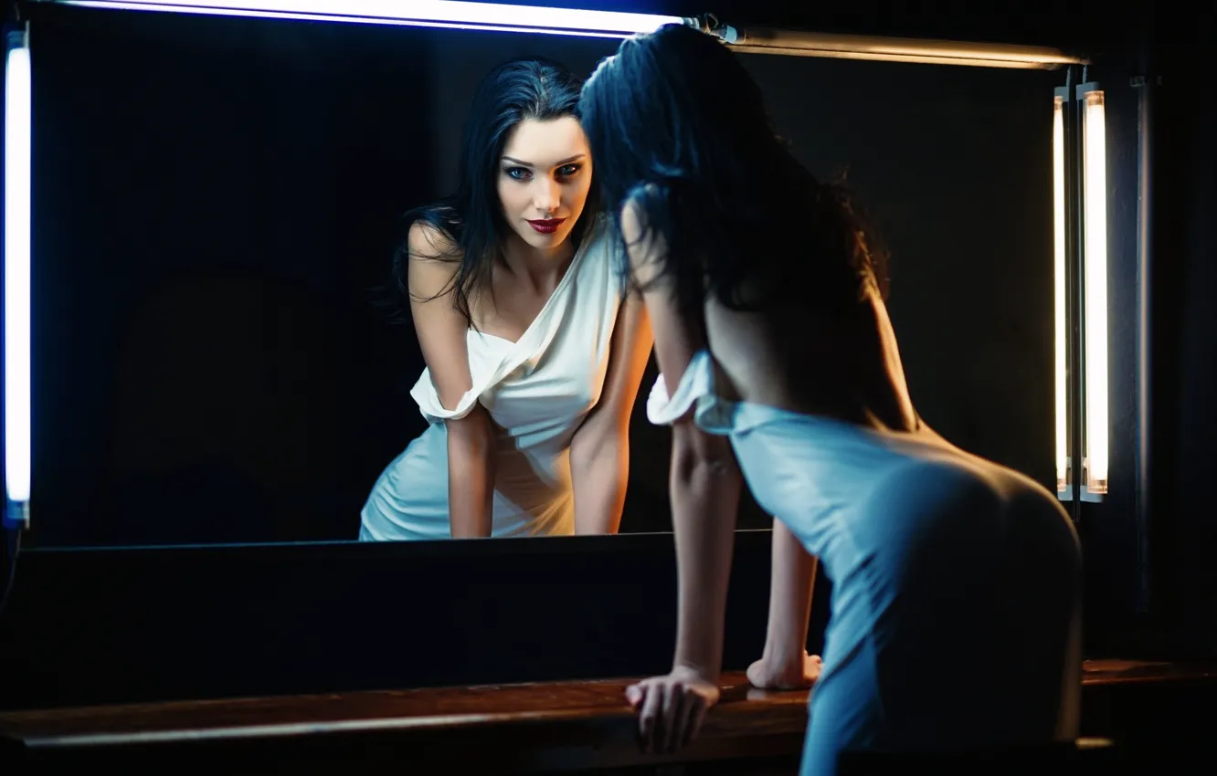 Photo wallpaper light, red, girl, long hair, dress, photo, blue eyes, model