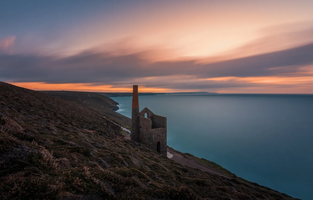 Photo wallpaper sea, sunset, rocks, shore, tower, ruins
