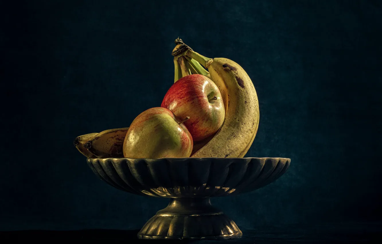 Photo wallpaper the dark background, apples, bananas, vase, fruit, still life, stand