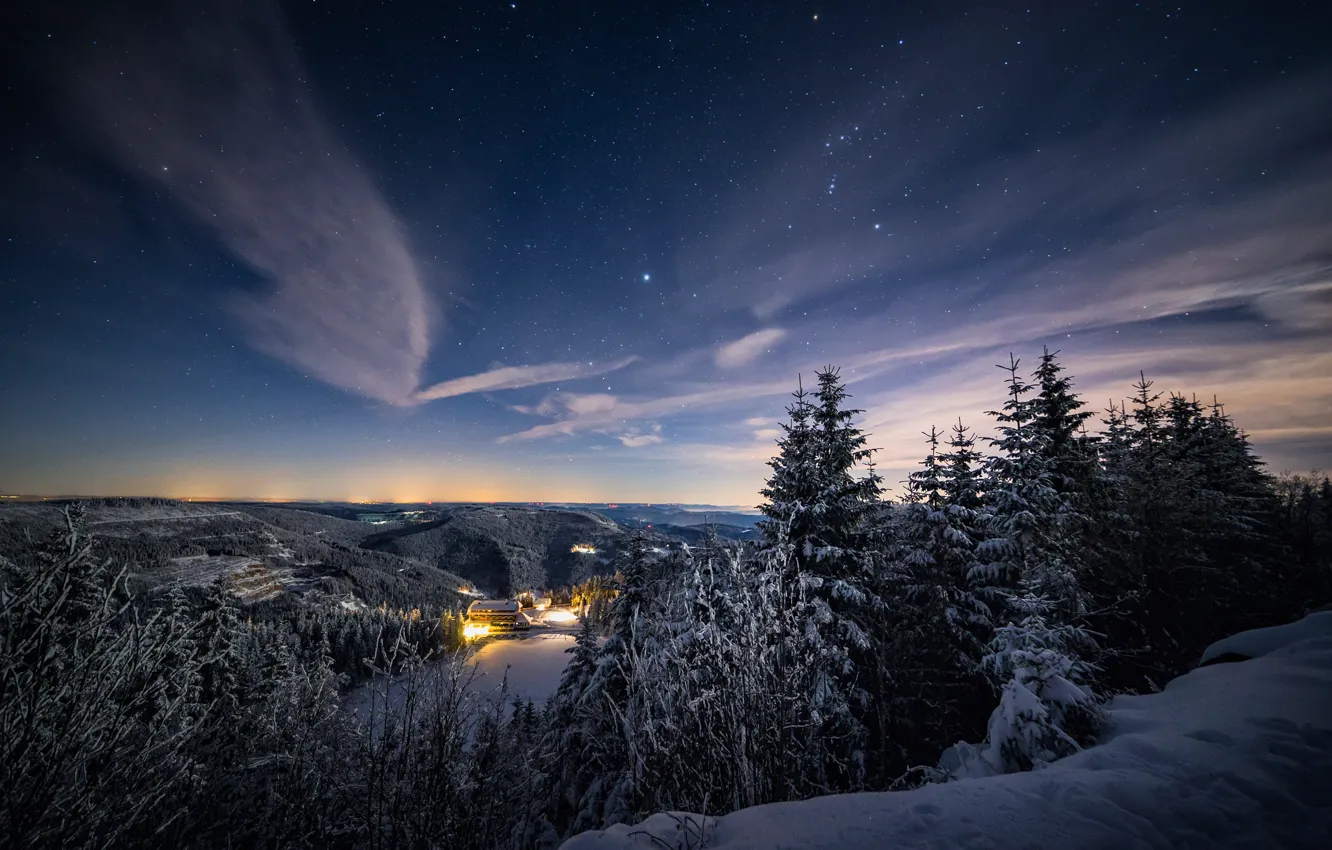 Photo wallpaper winter, forest, the sky, stars, clouds, light, snow, landscape