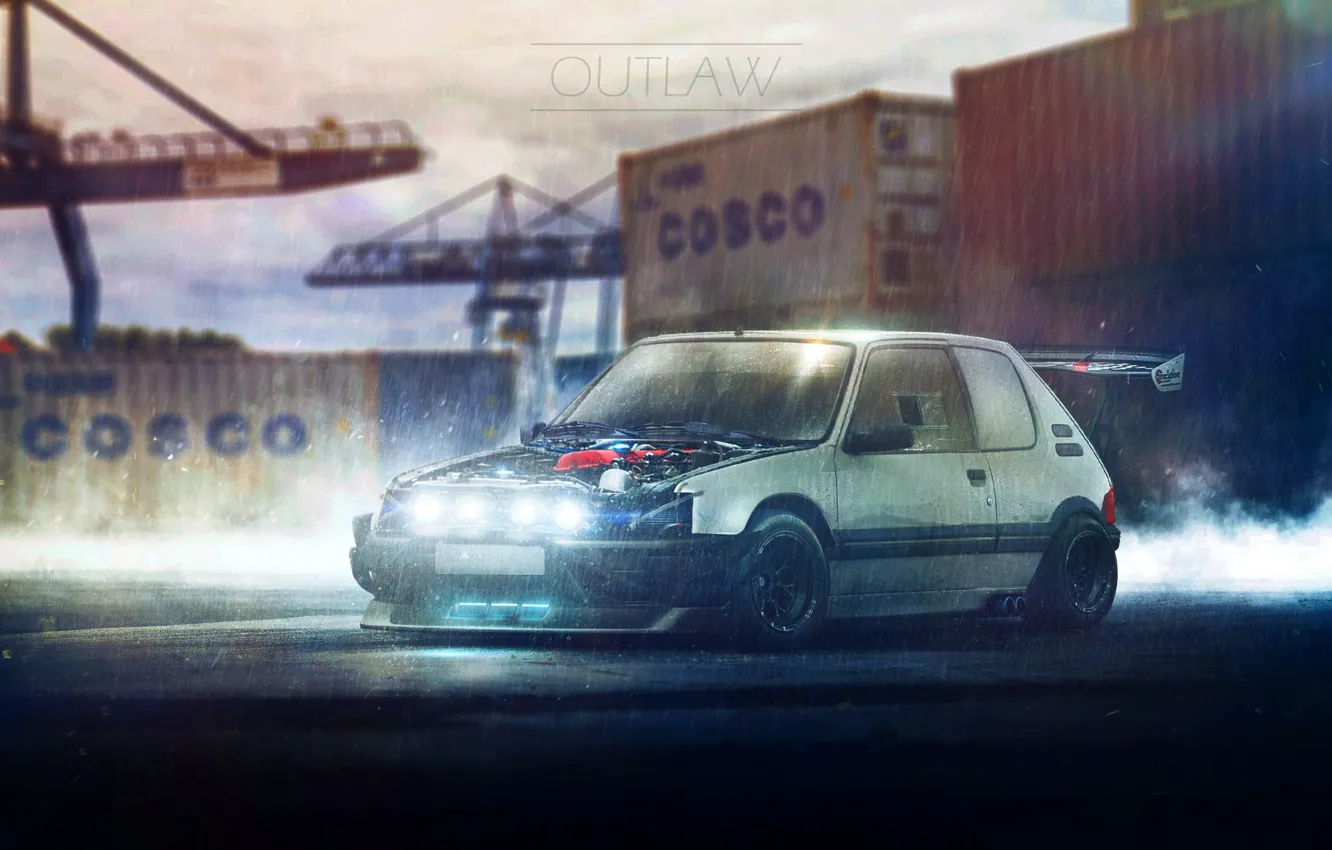 Photo wallpaper Port, White, Rain, Peugeot, 205, Container, Outlaw, Cosco