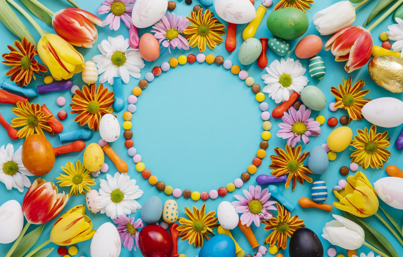 Photo wallpaper balls, eggs, candy, Easter, Holiday, chrysanthemum