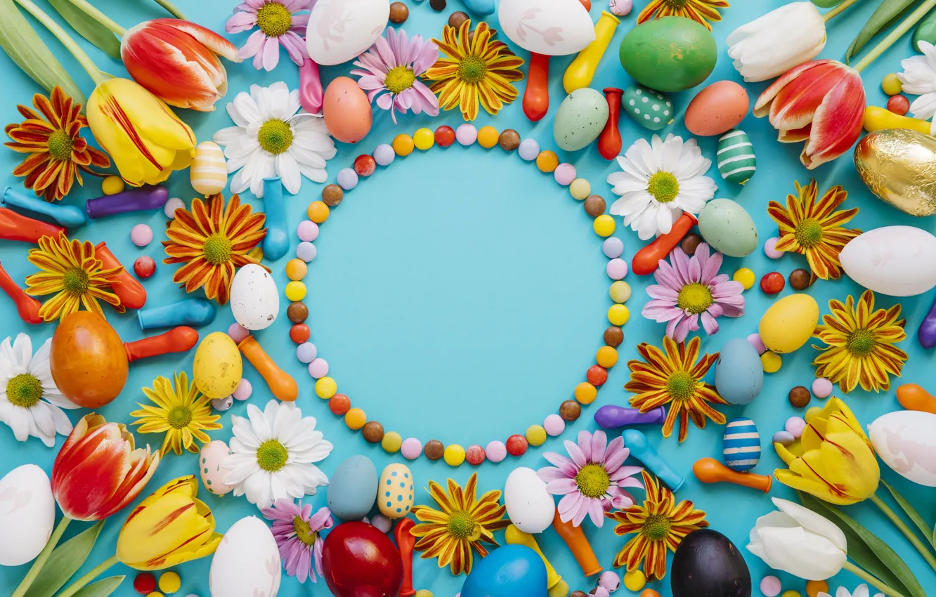 Photo wallpaper holiday, balls, eggs, candy, Easter, chrysanthemum