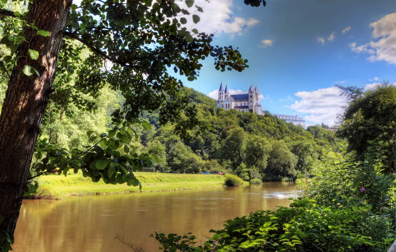 Photo wallpaper river, nature, building
