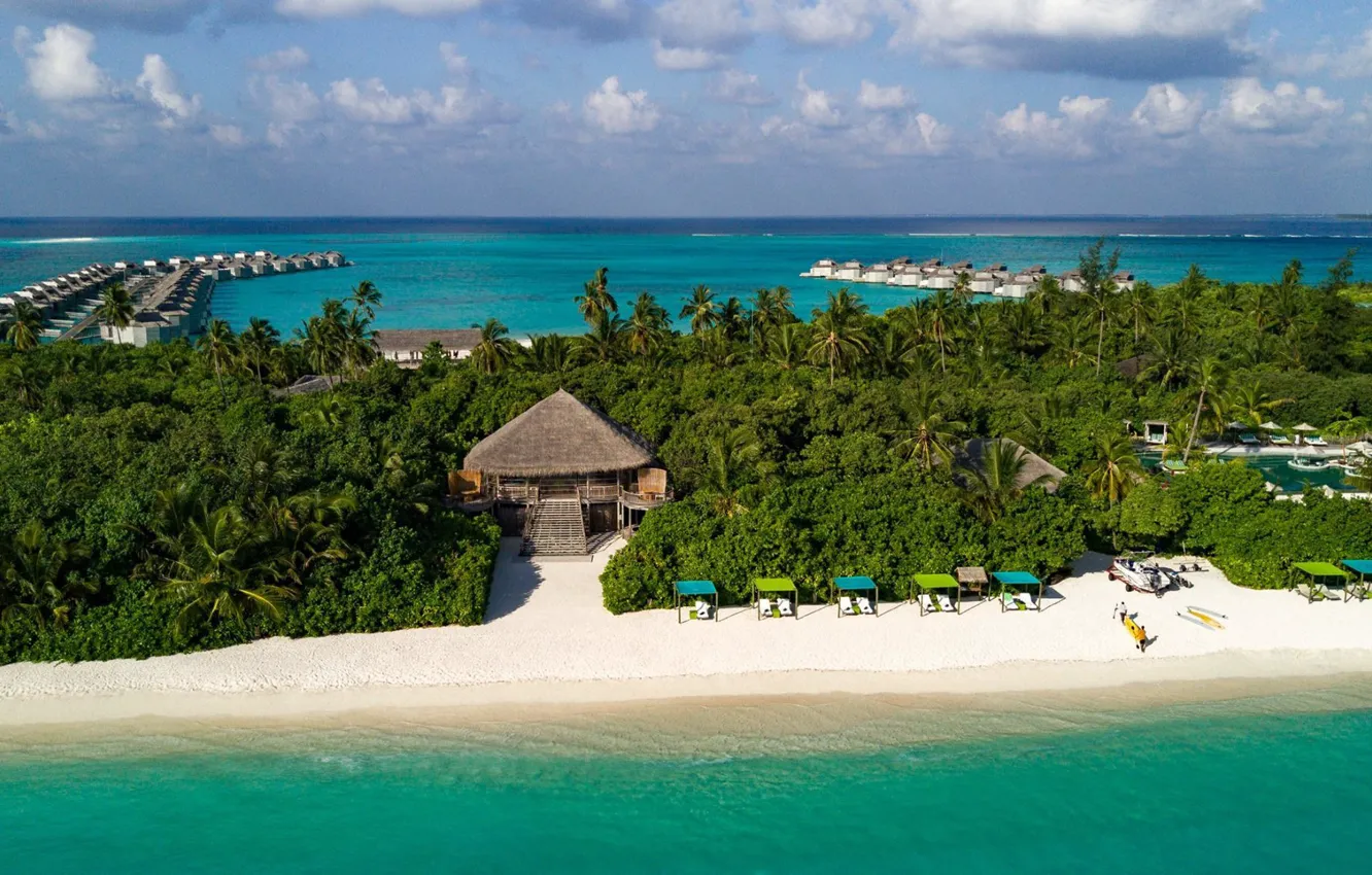 Photo wallpaper palm trees, the ocean, resort, Laguna, Seychelles, Bungalow, Seychelles, Six Senses Laamu