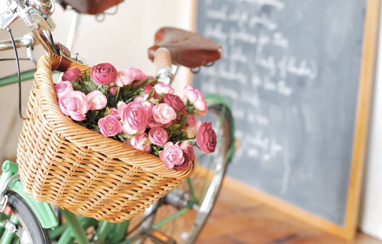 Photo wallpaper flowers, bike, letters, basket, Board