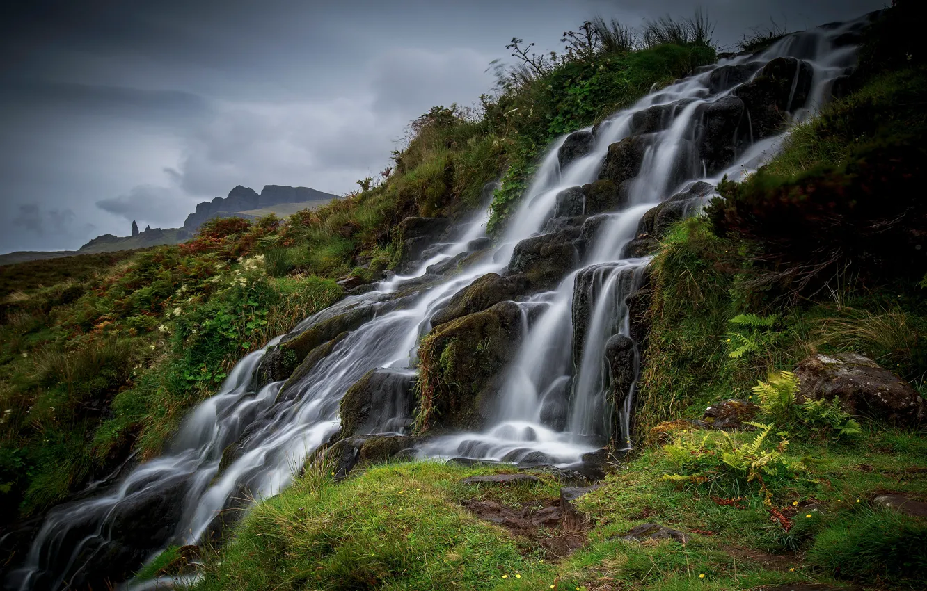 Photo wallpaper greens, summer, mountains, nature, stones, vegetation, waterfall, stream