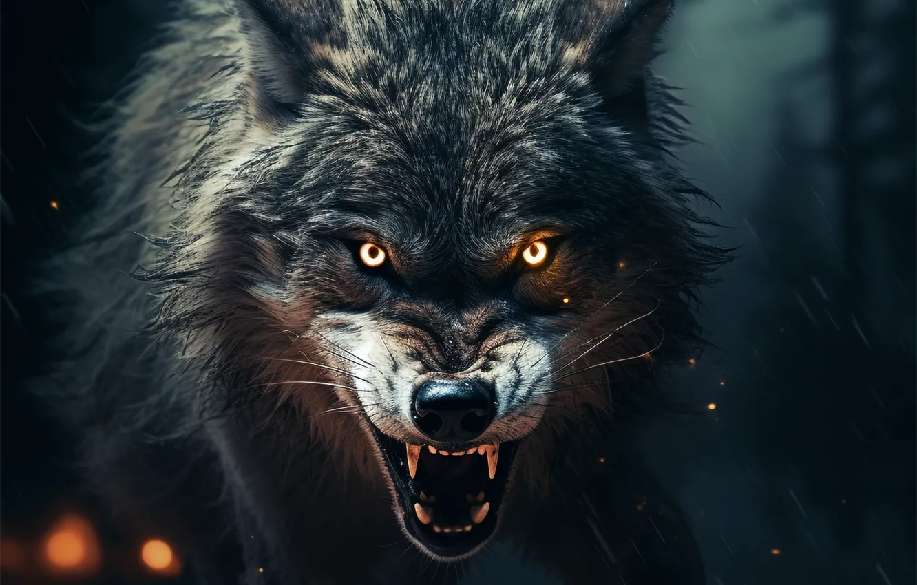 Photo wallpaper look, face, night, wolf, predator, fangs, grin, front