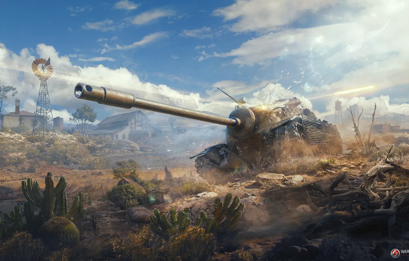 Photo wallpaper field, cactus, tank, World of Tanks