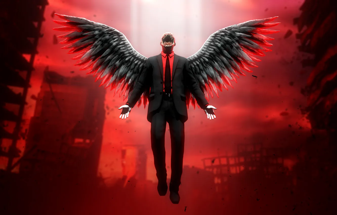 Photo wallpaper the city, Apocalypse, wings, monster, angel, the demon, evil, ruins